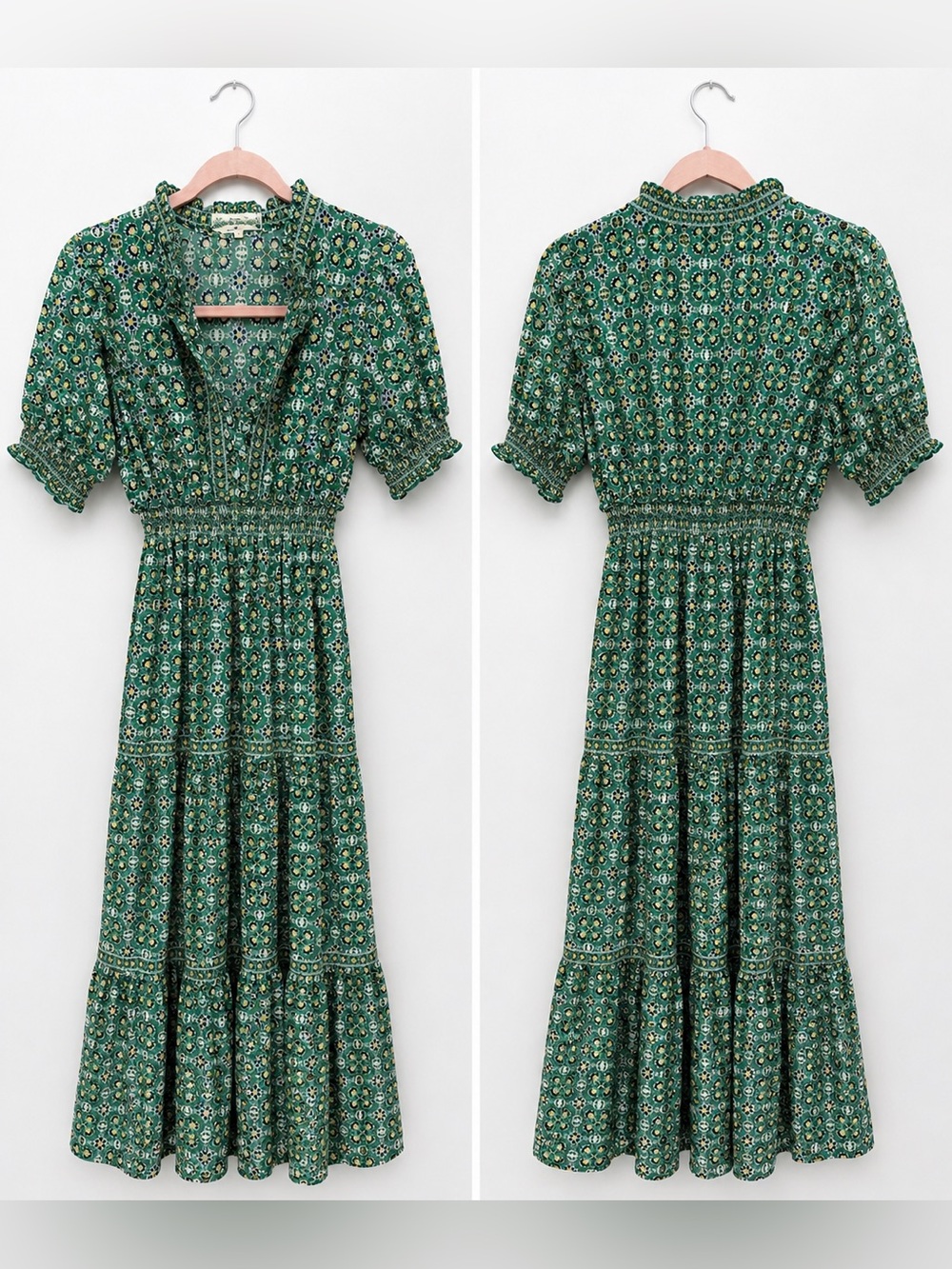 Max Studio Green Floral Boho Midi Dress Size Small Smocked Waist